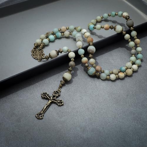 KOMI Catholic Gemstone Rosary Beads for Women - Holy Prayer Beads Necklace With Crucifix Cross