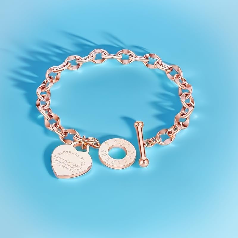 Heart Charm Bracelet Plated 18K Gold/Silver/Rose Gold Bible Scripture Heart Bracelet for Women Jewelry Gift Her Link Chain OT Clasp Stainless Steel - color: Rose Gold（9.1 inch）