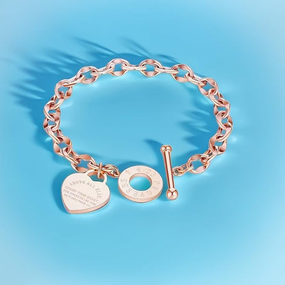 Heart Charm Bracelet Plated 18K Gold/Silver/Rose Gold Bible Scripture Heart Bracelet for Women Jewelry Gift Her Link Chain OT Clasp Stainless Steel - color: Rose Gold（9.1 inch）