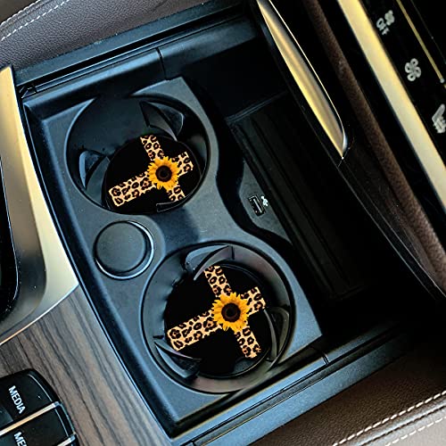 Car Coasters 2 Pack, Small 2.56" Absorbent Ceramic Coaster for Car, Keep Cup Holders Clean and Dry, Auto Coasters Set for Women Men Cup Holder, Leopard Print Cross with Sunflower Style Car Coasters - color: Leopard Print Cross