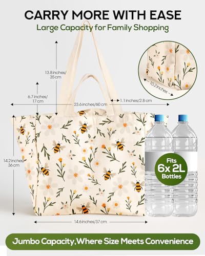 Miss Adola Extra Large Canvas Grocery Tote Bag - color: Wild Flowers & Bee