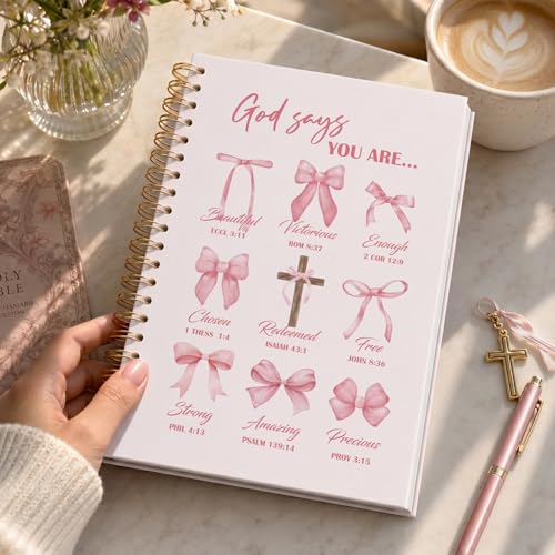 Bible Pink Bow Notebook Journal for Women, Christian Girl Energy Journal, Christian Study Notebook, Cute Preppy Bible Study Spiral Notebook for Bible Notes 5.5 x 8.3 - color: Pink God Says