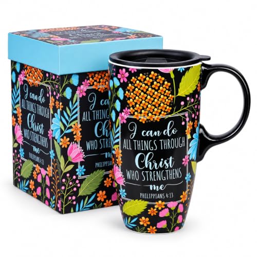 Topadorn 17oz Ceramic Travel Mug with Lid, Floral Gift Coffee Mug for Women - color: I Can Do All Things Througth Christ