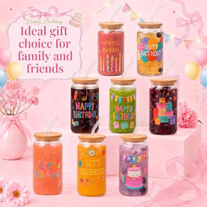 Iced Coffee Mugs, 8 Sets, Glass, 16 oz, Reusable, Birthday Party - color: Happy Birthday