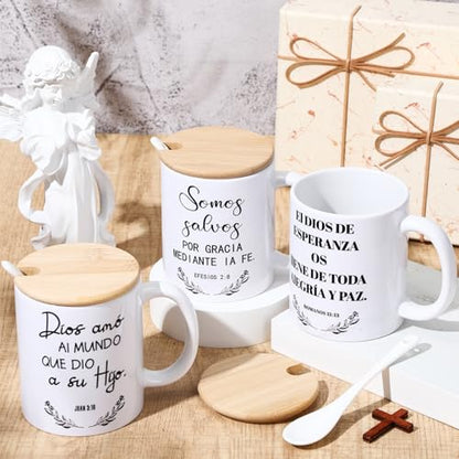 Didaey 12 Sets Christian Gifts Bulk Religious Coffee Mugs 12oz Bible Verses White Ceramic Cup with Lid Handle Spoon Inspirational Mug Church Gift for Men Coworker Employee Staff(Spanish) - style: Spanish
