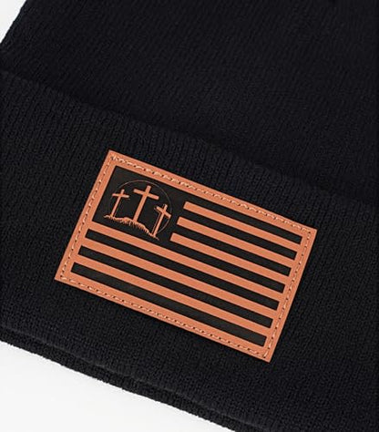 Christian Cross Beanie Hats for Men Women, Faith Winter Cuffed Hats, Religious Gifts for Thanksgiving Christmas New Years - color: Black, style: Three Cross Flag