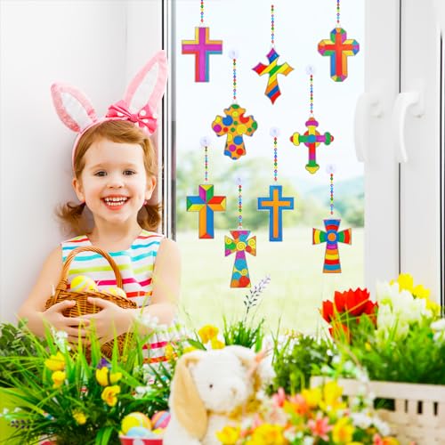 Winlyn 27 Set Cross Suncatchers Ornaments Decorations DIY Window Paint Art Craft Kits for Kids Sunday School VBS Christmas Easter Holiday Activities Party Favors