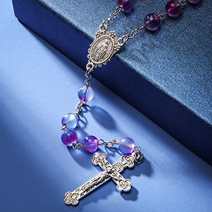 Rnivida Catholic 8MM Colorful Beads Rosary, Rosaries Necklace with Alloy Miraculous Medal and Crucifix Cross - color: Purple