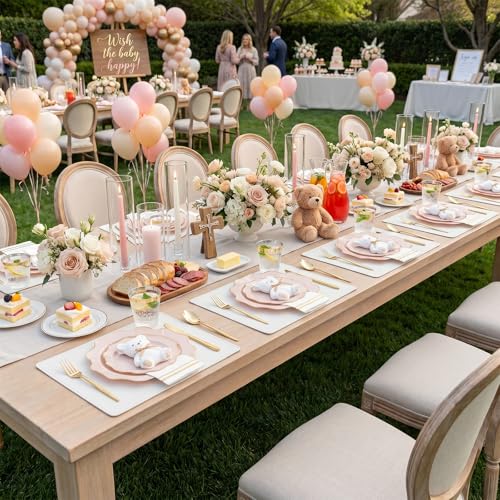 WDF 350Pcs Pink Plastic Plates - Pink and Gold Disposable Plates 50Guest Plastic Dinnerware for Baby Shower/Birthday/Wedding/Fall Party/Thanksgiving/Holidays - color: Pink and Gold, size: 350 pieces