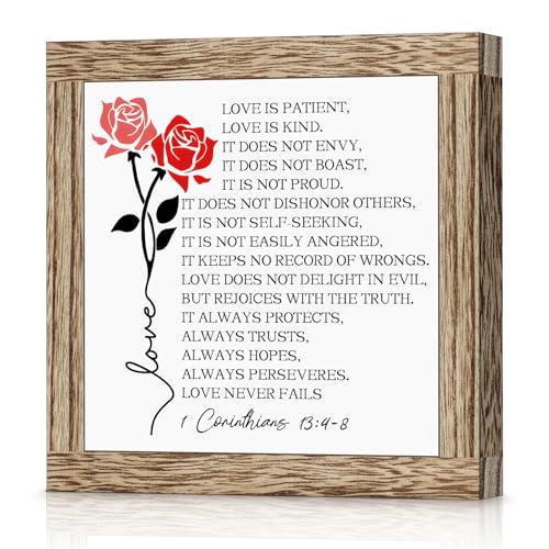 Christian Decor Religious Wood Sign Desk Decor Farmhouse Bible Verse Sign Christian Home Desk Tabletop Shelf Decoration Scripture Wooden Signs with Love Quotes Anniversary Wedding Gift - color: LOVE