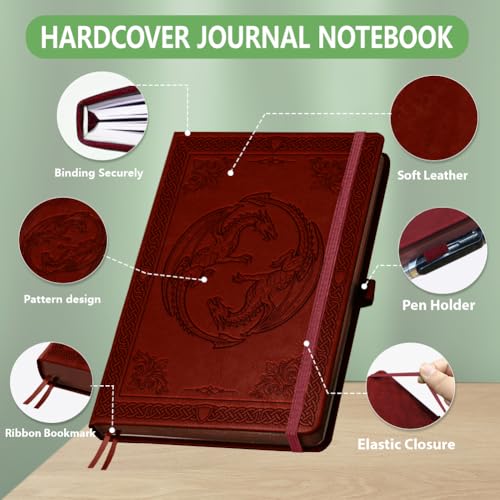 A5 Traditional Dual Dragon Leather Journal, 300 Pages Lined Notebook, Red Vintage Pattern Hardcover Notebook for Travel Diary, Business, Work and School Daily Writing - style: Dual Dragon