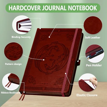 A5 Traditional Dual Dragon Leather Journal, 300 Pages Lined Notebook, Red Vintage Pattern Hardcover Notebook for Travel Diary, Business, Work and School Daily Writing - style: Dual Dragon