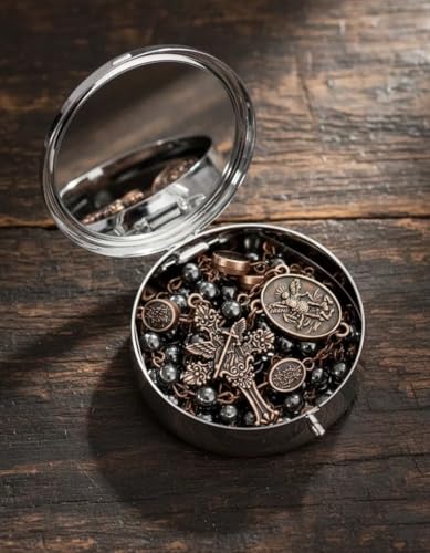 Nazareth Store St Michael Rosary Hematite Stone Beads Necklace Metal Beaded Glory Beads Archangel Medal & Cross with Metal Gift Box - color: Copper | St.Michael Cross