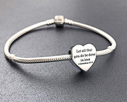 Heart Charm Fit Pandora Charms Bracelet Christian Bible Verse Charm Prayer Faith Religious Charms Gifts for Women - style: Let all that you do be done in love I Corinthins 16:14