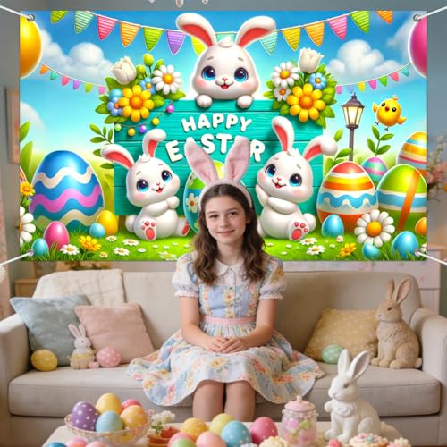 IVN Easter Bunny Banner 71x43 Inch Happy Cute Bunnies Colorful Eggs Flowers - color: Happy Easter Bunny Trio Sign