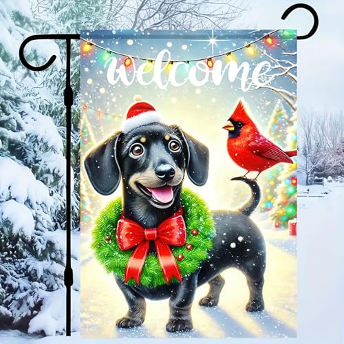 BlissYard Christmas Dachshund Garden Flag 12x18 Double Sided Black Dachshund Dog Welcome Winter Yard Flag Outdoor Garden Decor Cardinal Snow Scene Holiday Lawn Porch Patio Seasonal Banner - color: Black Dachshund