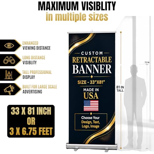 Custom retractable banner with stand by BCB | Pop up stand Printed in USA - color: Retractable Banner
