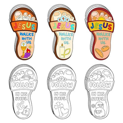 Dvbonike 24Pcs Jesus Walks with Us Sunday School Religious Coloring Crafts - color: Footprint