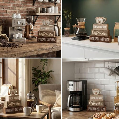 Moucuny 4 Pcs Farmhouse Coffee Bar Signs Decor Wooden Cafe Cup Signs - style: Coffee Bar Coffee Bar