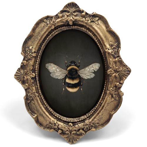 Vintage Bee Small Bronze Oval Picture Frame, Dark Gothic Honeybee Mini Ornate Photo Frame Baroque for Wall Art Decor TableTop Desk, Rustic Nature Framed Artwork Gifts for Office Bedroom 4x5in - color: bee