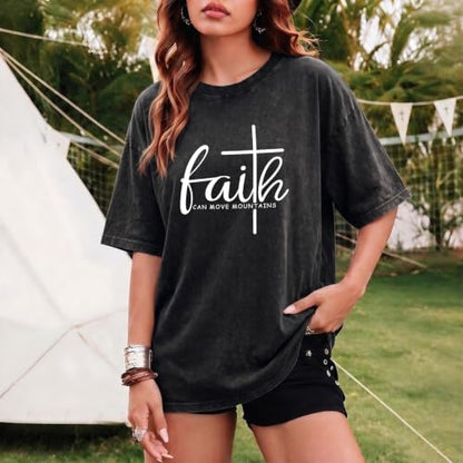 Christian Shirts for Women Faith Can Move Mountains Acid Wash Graphic Shirt Jesus Religious Bible Verse Tee Tops - color: Black, size: X-Large