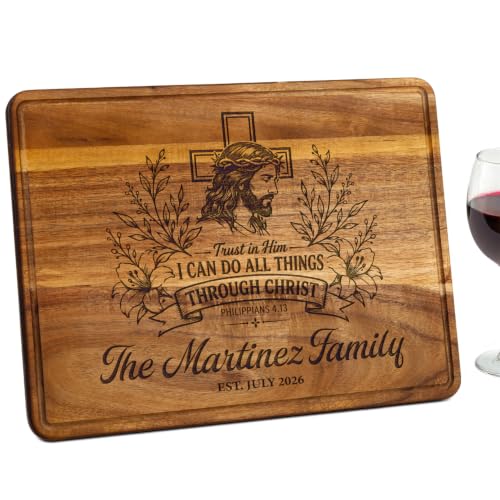 Personalized Christian Cutting Board, Custom Engraved Jesus Cross Gift with Family Name and Bible Verse, Religious Gift for Wedding, Anniversary, Housewarming