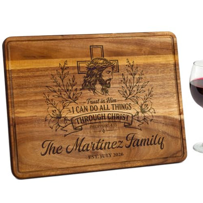 Personalized Christian Cutting Board, Custom Engraved Jesus Cross Gift with Family Name and Bible Verse, Religious Gift for Wedding, Anniversary, Housewarming