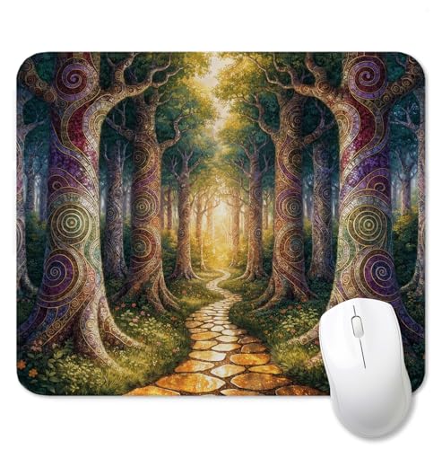 Fantasy Enchanted Forest Mouse Pad for Desk, Magical Whimsical Tree Golden Path Mousepads with Anti-Slip Rubber Base for Computer Laptop Home Office Desk Accessories, 9.5x7.9 Inch - color: Square mouse pad-Enchanted Forest