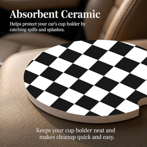 Checkered Car Coasters Set of 2, Black White Plaid Car Accessories, 10 - color: Black White Plaid