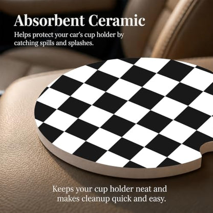 Checkered Car Coasters Set of 2, Black White Plaid Car Accessories, 10 - color: Black White Plaid