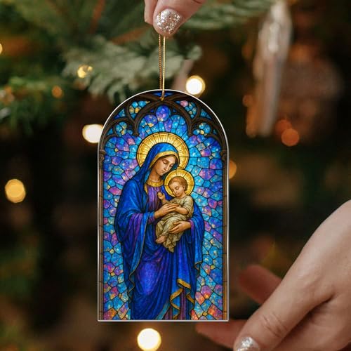 Stained Glass Nativity Ornament – Holy Family Christmas Ornament 2025, Flat Acrylic Sun Catcher, Religious Christian Tree Decoration, Catholic Gift for Mom Dad Family