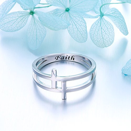 FLYOW Inspirational Jewelry Sterling Silver Engraved Faith Double Cross Ring Christian Fashion Band Ring for Women Mother, Size 5-10