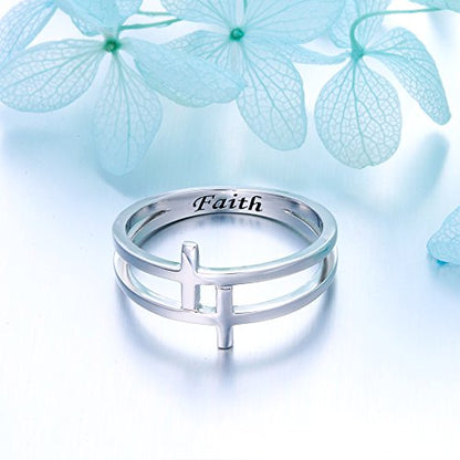 FLYOW Inspirational Jewelry Sterling Silver Engraved Faith Double Cross Ring Christian Fashion Band Ring for Women Mother, Size 5-10