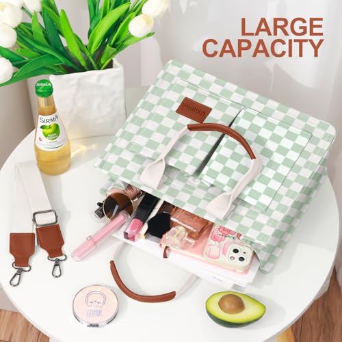 LHMTQVK Canvas Tote Bag for Women, Work & Bible Study Handbag - color: Green Grid