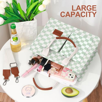 LHMTQVK Canvas Tote Bag for Women, Work & Bible Study Handbag - color: Green Grid