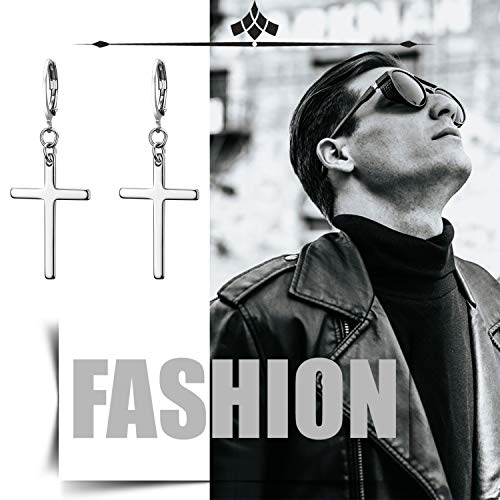Dangle Stud Earrings,Flongo Men's Womens Stainless Steel Pearl Cross Dangle Hinged Stud Earrings,Piercing Christmas Cross Huggie Hoop Earrings Gift for Men Women Wedding Valentine's Day