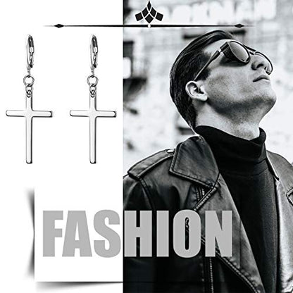 Dangle Stud Earrings,Flongo Men's Womens Stainless Steel Pearl Cross Dangle Hinged Stud Earrings,Piercing Christmas Cross Huggie Hoop Earrings Gift for Men Women Wedding Valentine's Day
