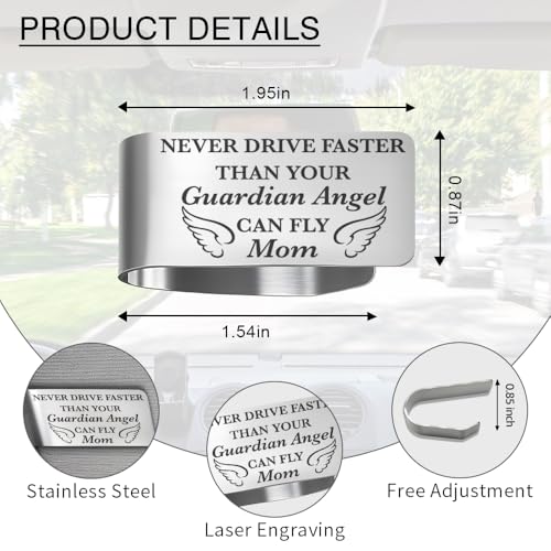 Never Drive Faster Than Your Guardian Angel Can Fly Mom Engraved Stainless Steel Car Visor Clip, Inspirational Guardian Angel Safe Driving Gifts for Son Daughter, Drive Safe Reminder Gifts - color: silver011