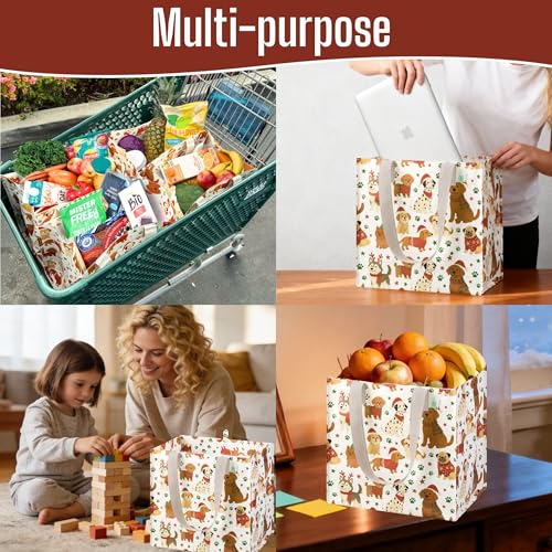 VENO 4 Pack Large Grocery Bag Reusable Shopping Bags with Hard Bottom - color: Holiday Pups - 4 Pack