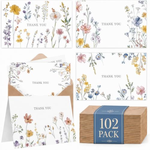 XXINMOH 102 PACK Floral Thank You Cards With Envelopes (4"x6") - Wildflower Blank Cards With Adhesive Envelopes & Matching Stickers for Wedding, Bridal Showers, Baby Showers, Birthday, All Occasion