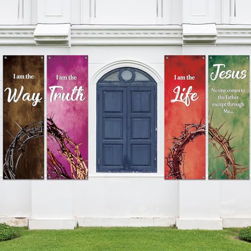 4Pcs Easter Church Banners for Sanctuary Wall Religious Banners Hanging Backdrop Praise Hanging Sign with Scripture Bible Verses Banner Easter Banner for Church School Decor(Crown of Thorns) - style: Crown of Thorns