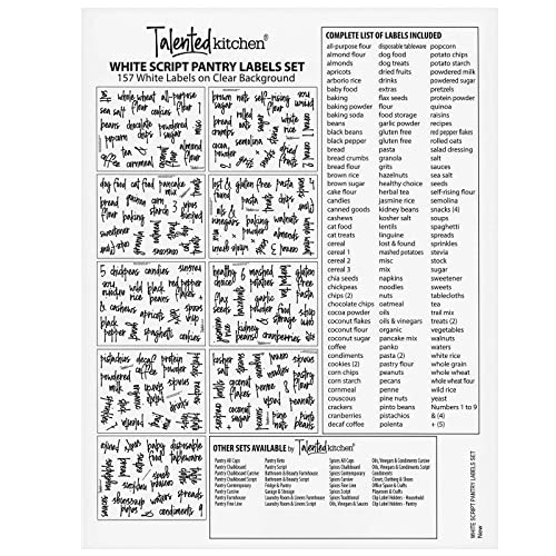 Talented Kitchen Script Pantry Labels - Water-Resistant Reusable Stickers for Pantry Organization - Clear Flour Sugar Stickers - Peel & Stick Spice Jar Labels - 1"-1.5", Laminated Vinyl, 157 Count