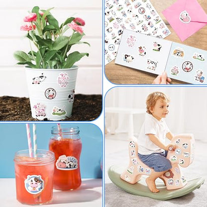 LINAYE 24 Sheets Cow Stickers for Kids, 960 PCS Waterproof Self Adhesive Cow Supplies Party Favors Crafts Stuff Rewards for Kids Boys Girls - style: Cow 24 Sheets