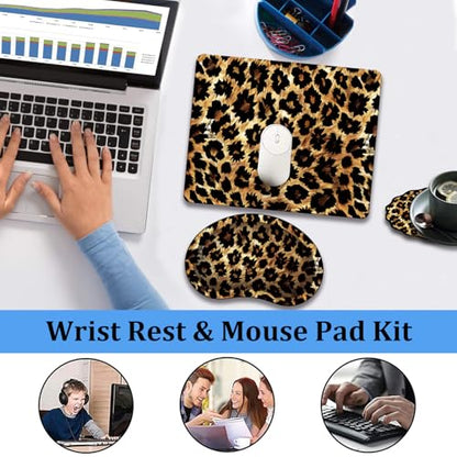 Mouse Pad 9.4"x7.9" + Wrist Support Pad + Embroidered Cup Pad Non-Slip Set, Ergonomic Mouse Wrist Support Pad, Suitable for Office/Gaming/Home Use, Leopard Print - color: Leopard Print