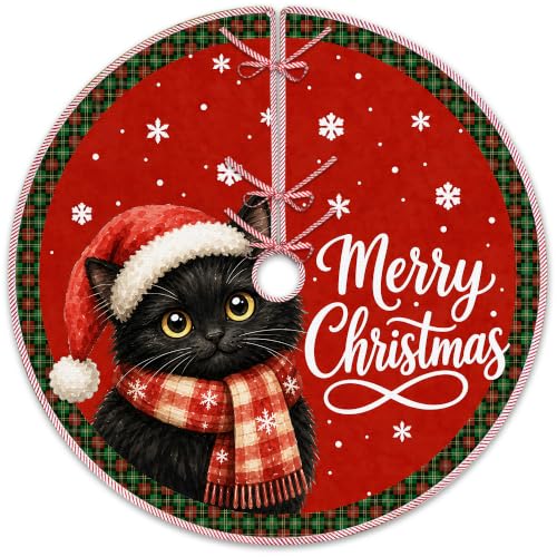 Black Cat Merry Christmas Tree Skirt, Cat Red Xmas Tree Skirt 36 Inch - color: Black Cat-1
