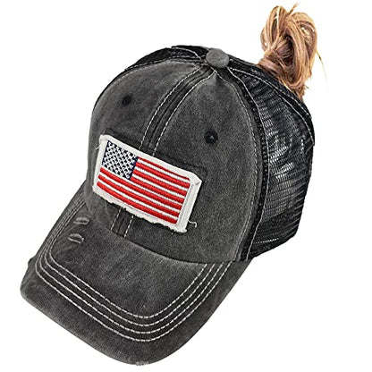 Women American Flag Ponytail Hat, Embroidery Adjustable Washed Distressed Messy Bun Baseball Cap … - color: Mesh Black
