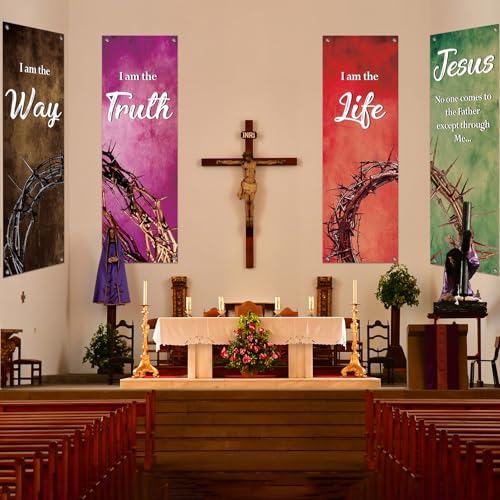 4Pcs Easter Church Banners for Sanctuary Wall Religious Banners Hanging Backdrop Praise Hanging Sign with Scripture Bible Verses Banner Easter Banner for Church School Decor(Crown of Thorns) - style: Crown of Thorns