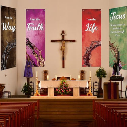 4Pcs Easter Church Banners for Sanctuary Wall Religious Banners Hanging Backdrop Praise Hanging Sign with Scripture Bible Verses Banner Easter Banner for Church School Decor(Crown of Thorns) - style: Crown of Thorns
