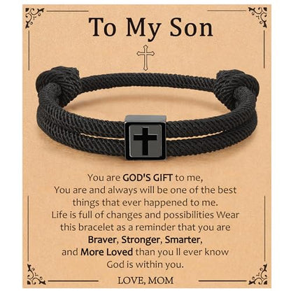 Gnamy To My Son Grandson Brother Nephew Gifts, Adjustable Rope Cross Bracelet Birthday Christian Religious Jewelry Gifts Ideas for Teen Boys Kids - color: To My Son from Mom