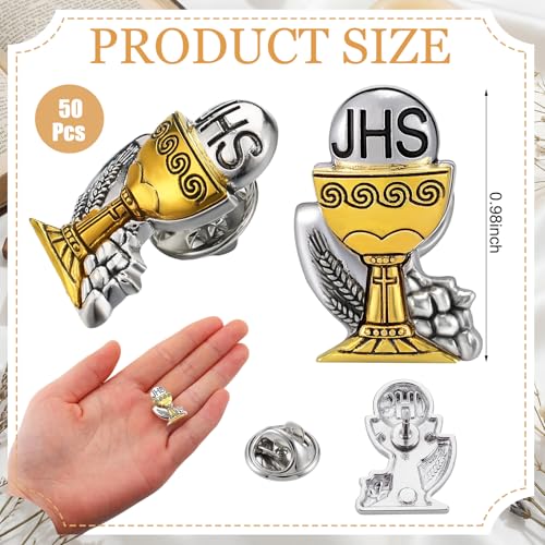Hoteam 50 Pcs First Communion Enamel Lapel Pins Bulk Chalice with Grapes and Wheat Gold Plated Religious Pins Gifts for First Holy Communion Catholic Baptism Christian Memorial Favors - style: Retro